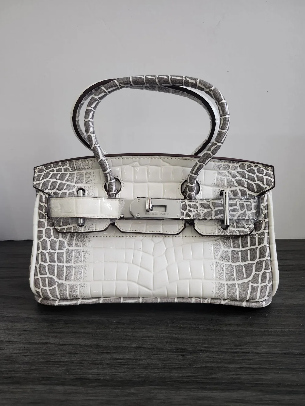 Structured Mini Top-Handle Satchel Bag Gray White Faux Leather Handbag
